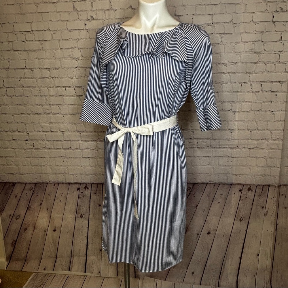 H&M Blue and White Striped 1/2 Sleeve Dress with Ruffle and Belt Detail Size 8